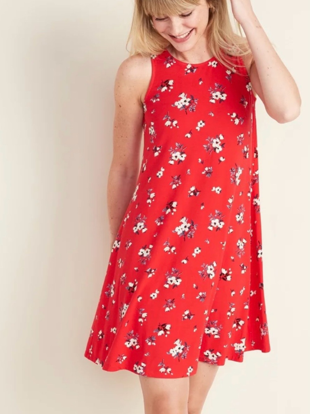 Old Navy Red Floral Swing Dress Size Large | Sleeveless Soft Knit